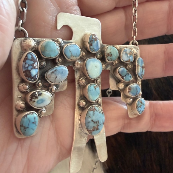 ❤️ Golden Hills Turquoise Thunderbird ADJ Statement Necklace 22.5” Unisex 33Gram - Picture 5 of 17